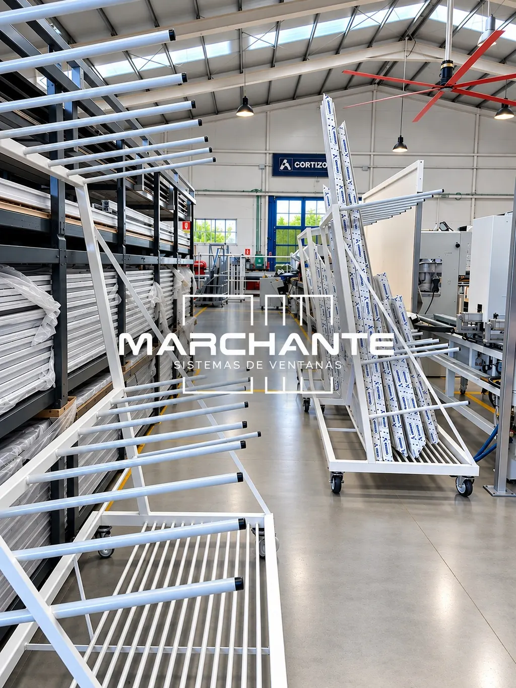 Carros con perfiles de PVC y ventanas en fabricación en la nave de Marchante
