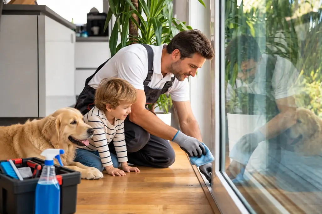 Un operario limpia el vidrio de una corredera con un paño, acompañado de un niño y un perro