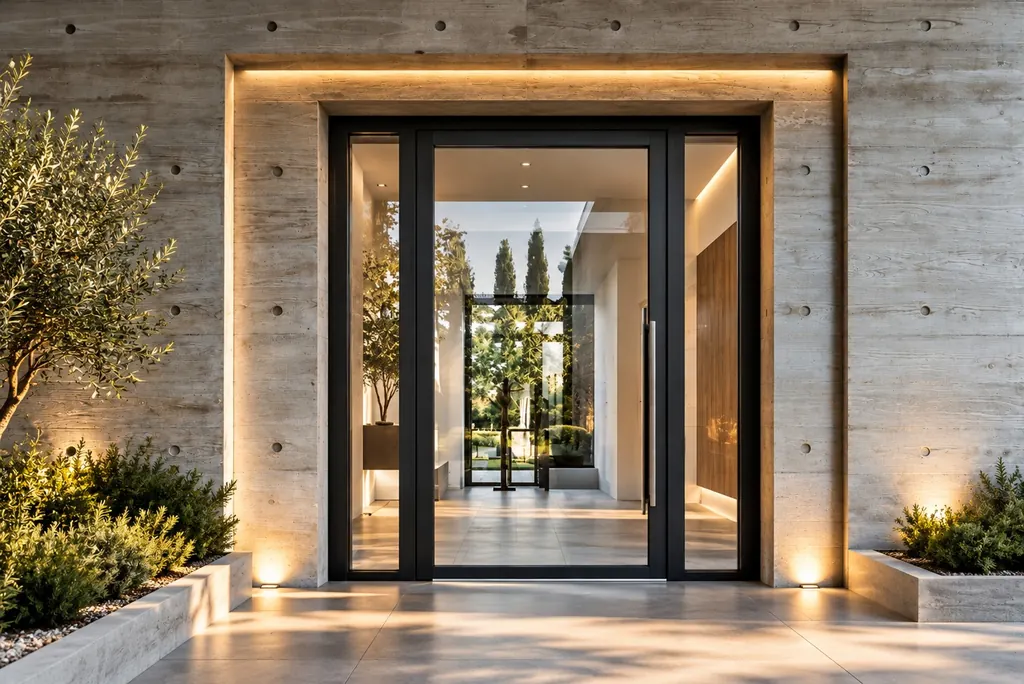 Puerta de entrada de PVC negro con panel y fijos laterales de vidrio en una fachada de hormigón iluminada