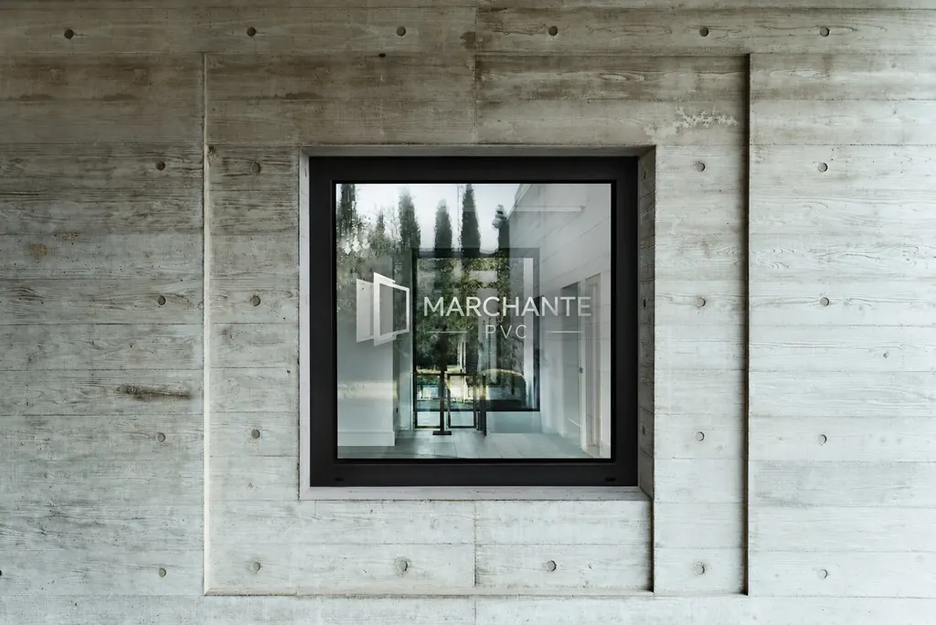 Vidrio fijo con marco negro en un muro de hormigón, con el logotipo de Marchante PVC serigrafiado